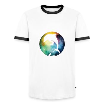 My shirt has a dolphin on it - Men's Ringer Shirt - white/black - Front - AI Model Female 172 light (172cm) & AI Model Male 178 dark (178cm)