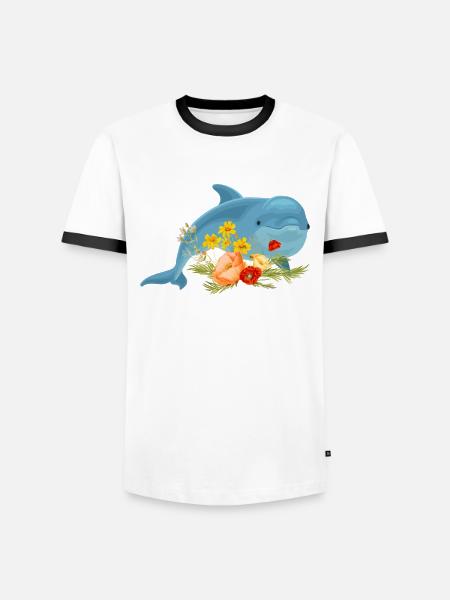 Dolphin with beautiful flowers - Men's Ringer Shirt - white/black