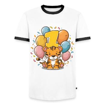 1st Birthday Tiger Children's Birthday Party - Men's Ringer Shirt - white/black - Front - AI Model Female 172 light (172cm) & AI Model Male 178 dark (178cm)