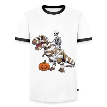 Halloween Skelett Reitet Dinosaurier - Männer Kontrast-T-Shirt - Weiß/Schwarz - Vorne - AI Model Female 172 light (172cm) & AI Model Male 178 dark (178cm)