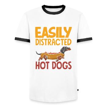 Facilement distrait par les chiens et les hot-dogs - T-shirt contrasté Homme - blanc/noir - Devant - AI Model Female 172 light (172cm) & AI Model Male 178 dark (178cm)