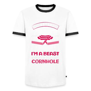 Funny Cornhole Player Gift - Men's Ringer Shirt - white/black - Front - AI Model Female 172 light (172cm) & AI Model Male 178 dark (178cm)