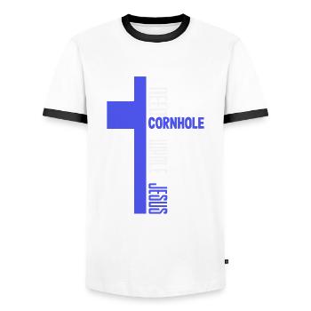 Funny Cornhole Player Gift - Men's Ringer Shirt - white/black - Front - AI Model Female 172 light (172cm) & AI Model Male 178 dark (178cm)