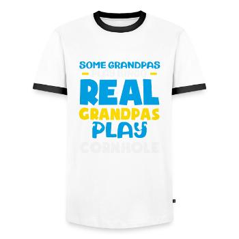 Funny Cornhole Player Gift - Men's Ringer Shirt - white/black - Front - AI Model Female 172 light (172cm) & AI Model Male 178 dark (178cm)