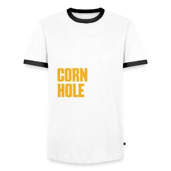 Funny Cornhole Player Gift - Men's Ringer Shirt - white/black - Front - AI Model Female 172 light (172cm) & AI Model Male 178 dark (178cm)
