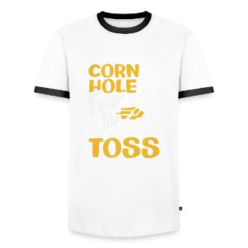 Funny Cornhole Player Gift - Men's Ringer Shirt - white/black - Front - AI Model Female 172 light (172cm) & AI Model Male 178 dark (178cm)