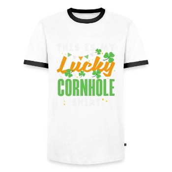 Funny Cornhole Player Gift - Men's Ringer Shirt - white/black - Front - AI Model Female 172 light (172cm) & AI Model Male 178 dark (178cm)