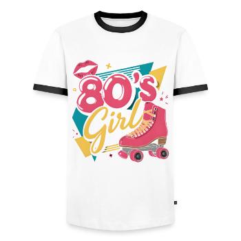 Retro 80er Jahre Girl Roller Skate Rollschuhe - Männer Kontrast-T-Shirt - Weiß/Schwarz - Vorne - AI Model Female 172 light (172cm) & AI Model Male 178 dark (178cm)