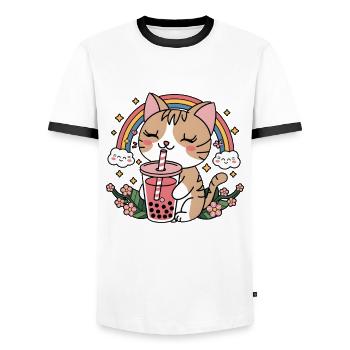 Cute Bubble Tea Rainbow Cat - Men's Ringer Shirt - white/black - Front - AI Model Female 172 light (172cm) & AI Model Male 178 dark (178cm)