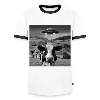 Alien-Begegnung Kuh Selfie - Männer Kontrast-T-Shirt - Weiß/Schwarz - Vorne - AI Model Female 172 light (172cm) & AI Model Male 178 dark (178cm)