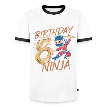 This Little Ninja Is 8 Birthday T-Shirt - Men's Ringer Shirt - white/black - Front - AI Model Female 172 light (172cm) & AI Model Male 178 dark (178cm)