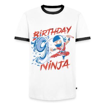 This Little Ninja Is 9 Birthday T-Shirt - Men's Ringer Shirt - white/black - Front - AI Model Female 172 light (172cm) & AI Model Male 178 dark (178cm)