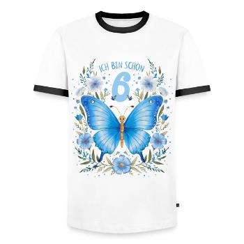 6th Birthday Butterfly Children's Birthday Party - Men's Ringer Shirt - white/black - Front - AI Model Female 172 light (172cm) & AI Model Male 178 dark (178cm)