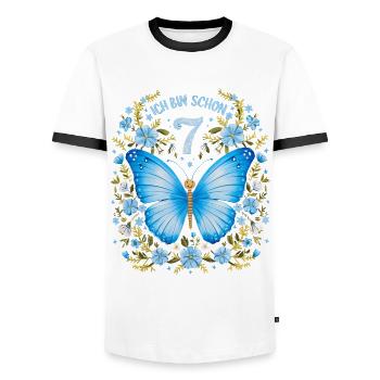 7th Birthday Butterfly Children's Birthday Party - Men's Ringer Shirt - white/black - Front - AI Model Female 172 light (172cm) & AI Model Male 178 dark (178cm)