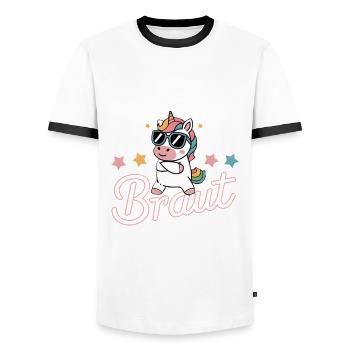 Sécurité de la mariée Licorne Enterrement de vie de garçon Chemise de groupe - T-shirt contrasté Homme - blanc/noir - Devant - AI Model Female 172 light (172cm) & AI Model Male 178 dark (178cm)