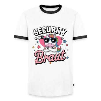 Sécurité de la mariée Licorne Enterrement de vie de garçon Chemise de groupe - T-shirt contrasté Homme - blanc/noir - Devant - AI Model Female 172 light (172cm) & AI Model Male 178 dark (178cm)