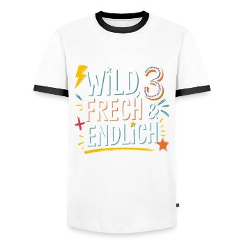 Sauvage, effronté et enfin 3 ans 3e anniversaire - T-shirt contrasté Homme - blanc/noir - Devant - AI Model Female 172 light (172cm) & AI Model Male 178 dark (178cm)