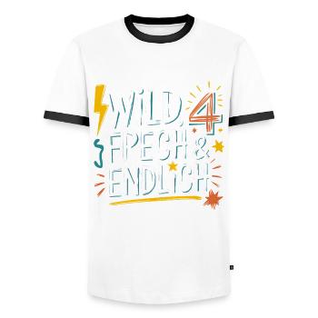 Wild, Cheeky & Finally 4 Years 4th Birthday - Men's Ringer Shirt - white/black - Front - AI Model Female 172 light (172cm) & AI Model Male 178 dark (178cm)