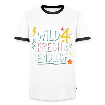 Wild, Cheeky & Finally 4 Years 4th Birthday - Men's Ringer Shirt - white/black - Front - AI Model Female 172 light (172cm) & AI Model Male 178 dark (178cm)