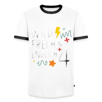 Wild, Cheeky & Finally 4 Years 4th Birthday - Men's Ringer Shirt - white/black - Front - AI Model Female 172 light (172cm) & AI Model Male 178 dark (178cm)