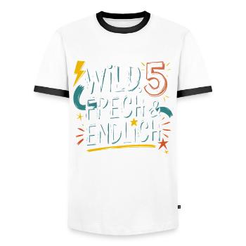 Sauvage, effronté et enfin 5 ans 5e anniversaire - T-shirt contrasté Homme - blanc/noir - Devant - AI Model Female 172 light (172cm) & AI Model Male 178 dark (178cm)