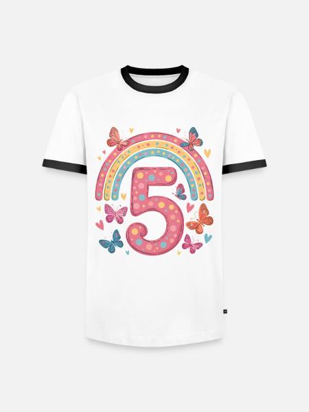 Rainbow Butterfly 5th Birthday Girl - Men's Ringer Shirt - white/black