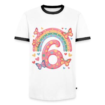 Regenbogen Schmetterling 6. Geburtstag Mädchen - Männer Kontrast-T-Shirt - Weiß/Schwarz - Vorne - AI Model Female 172 light (172cm) & AI Model Male 178 dark (178cm)