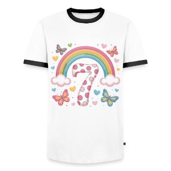 Rainbow Butterfly 7th Birthday Girl - Men's Ringer Shirt - white/black - Front - AI Model Female 172 light (172cm) & AI Model Male 178 dark (178cm)