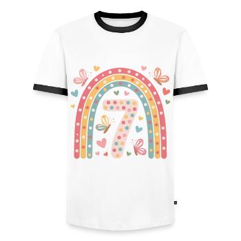 Rainbow Butterfly 7th Birthday Girl - Men's Ringer Shirt - white/black - Front - AI Model Female 172 light (172cm) & AI Model Male 178 dark (178cm)
