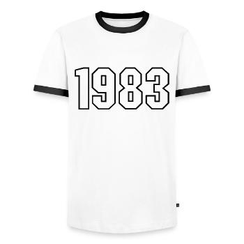 T-shirt born in 1983 - Men's Ringer Shirt - white/black - Front - AI Model Female 172 light (172cm) & AI Model Male 178 dark (178cm)