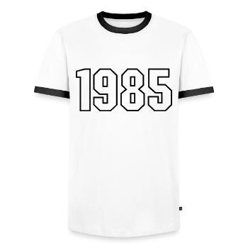 T-shirt born in 1985 - Men's Ringer Shirt - white/black - Front - AI Model Female 172 light (172cm) & AI Model Male 178 dark (178cm)