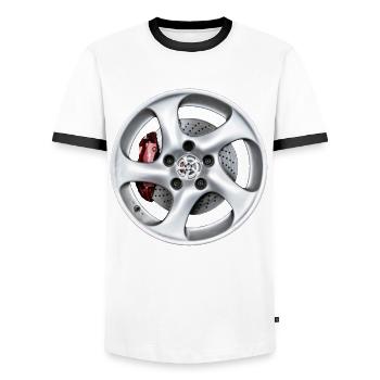 rims - Men's Ringer Shirt - white/black - Front - AI Model Female 172 light (172cm) & AI Model Male 178 dark (178cm)