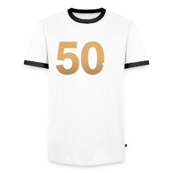 50 Senior Discounts Now Accepting Funny - Men's Ringer Shirt - white/black - Front - AI Model Female 172 light (172cm) & AI Model Male 178 dark (178cm)