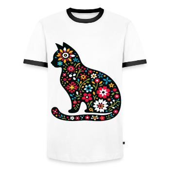 Silhouette de chat avec des fleurs - T-shirt contrasté Homme - blanc/noir - Devant - AI Model Female 172 light (172cm) & AI Model Male 178 dark (178cm)
