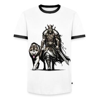 Ein Wikingerkrieger mit seinem wilden Wolf. - Männer Kontrast-T-Shirt - Weiß/Schwarz - Vorne - AI Model Female 172 light (172cm) & AI Model Male 178 dark (178cm)
