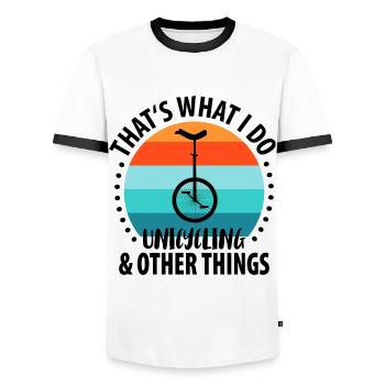 Einrad Einradfahrer Einradfahrerin - Männer Kontrast-T-Shirt - Weiß/Schwarz - Vorne - AI Model Female 172 light (172cm) & AI Model Male 178 dark (178cm)