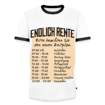 Rentner Zeitplan Tagesablauf, Endlich Rente - Männer Kontrast-T-Shirt - Weiß/Schwarz - Vorne - AI Model Female 172 light (172cm) & AI Model Male 178 dark (178cm)