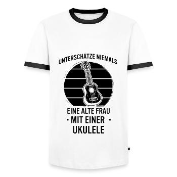 Ukulele Ukulele-Spieler Ukulelist - Männer Kontrast-T-Shirt - Weiß/Schwarz - Vorne - AI Model Female 172 light (172cm) & AI Model Male 178 dark (178cm)
