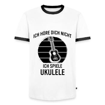 Ukulele Ukulele-Spieler Ukulelist - Männer Kontrast-T-Shirt - Weiß/Schwarz - Vorne - AI Model Female 172 light (172cm) & AI Model Male 178 dark (178cm)