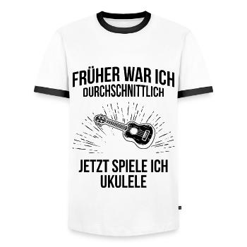 Ukulele Ukulele-Spieler Ukulelist - Männer Kontrast-T-Shirt - Weiß/Schwarz - Vorne - AI Model Female 172 light (172cm) & AI Model Male 178 dark (178cm)