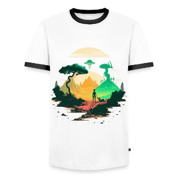 strange world - Men's Ringer Shirt - white/black - Front - AI Model Female 172 light (172cm) & AI Model Male 178 dark (178cm)