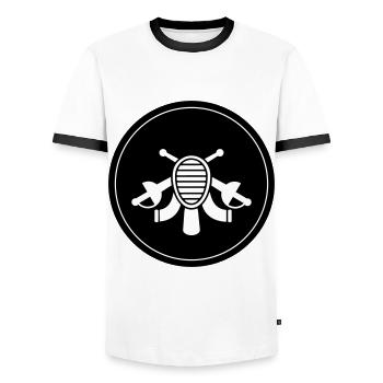 Fencing Mask Circle - Men's Ringer Shirt - white/black - Front - AI Model Female 172 light (172cm) & AI Model Male 178 dark (178cm)