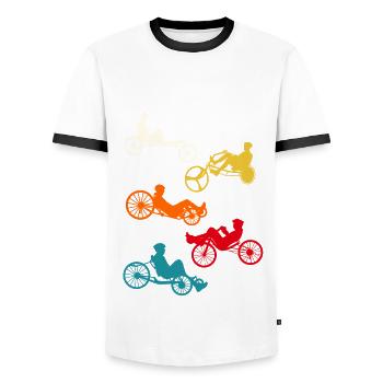 Liegerad Fahrrad - Männer Kontrast-T-Shirt - Weiß/Schwarz - Vorne - AI Model Female 172 light (172cm) & AI Model Male 178 dark (178cm)
