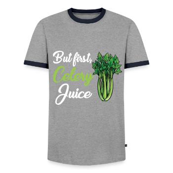 Celery juice - Men's Ringer Shirt - grey/navy  - Front - AI Model Female 172 light (172cm) & AI Model Male 178 light (178cm)