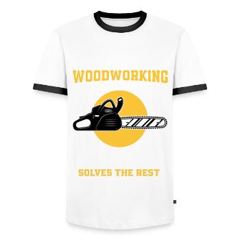 Woodworking And Fishing - Men's Ringer Shirt - white/black - Front - AI Model Female 172 light (172cm) & AI Model Male 178 dark (178cm)