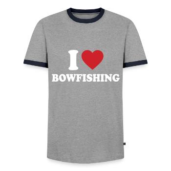 Bow fishing - Men's Ringer Shirt - grey/navy  - Front - AI Model Female 172 light (172cm) & AI Model Male 178 light (178cm)