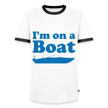 I'm on a boat - Men's Ringer Shirt - white/black - Front - AI Model Female 172 light (172cm) & AI Model Male 178 dark (178cm)
