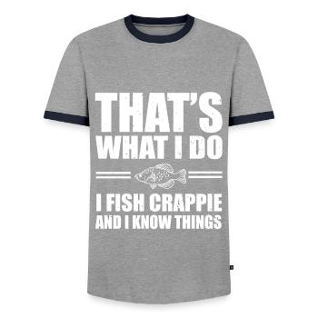 Fun Crappie Fishing Design - Men's Ringer Shirt - grey/navy  - Front - AI Model Female 172 light (172cm) & AI Model Male 178 light (178cm)