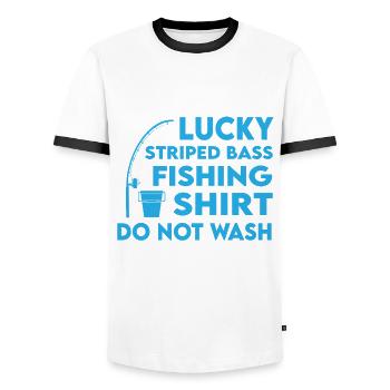 Lucky Striped Bass Angelhemd - Männer Kontrast-T-Shirt - Weiß/Schwarz - Vorne - AI Model Female 172 light (172cm) & AI Model Male 178 dark (178cm)