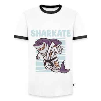 Sharkate Lustiger Karate-haifisch - Männer Kontrast-T-Shirt - Weiß/Schwarz - Vorne - AI Model Female 172 light (172cm) & AI Model Male 178 dark (178cm)
